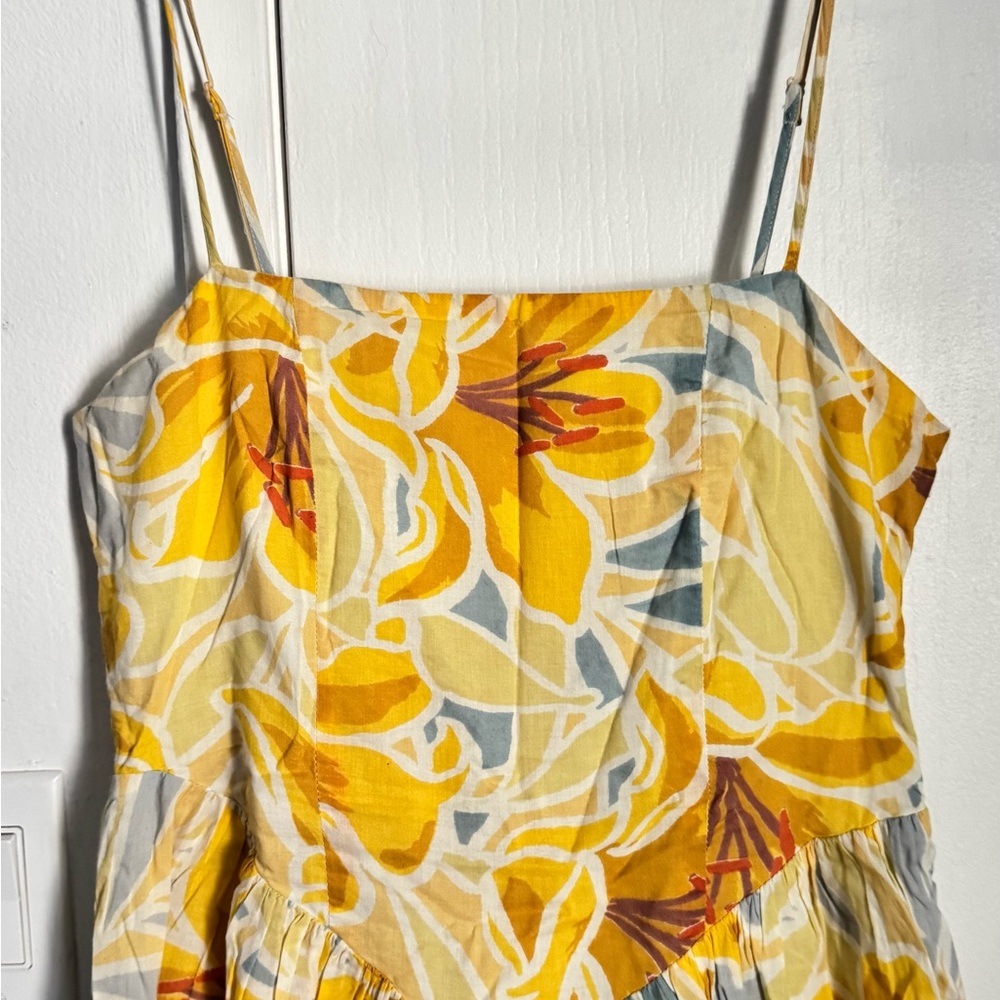 Floral Yellow and Blue Cotton Midi Dress